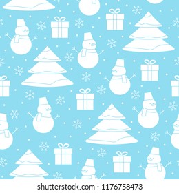 Vector white and blue Christmas seamless pattern. Seamless pattern with Christmas tree, snowman and gift box. 