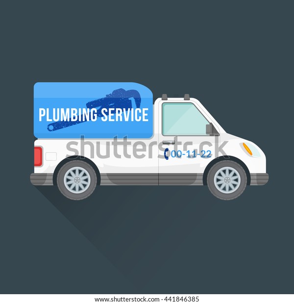 vector white blue flat design plumbing\
express service car with adjustable water wrench sign  illustration\
isolated background\
