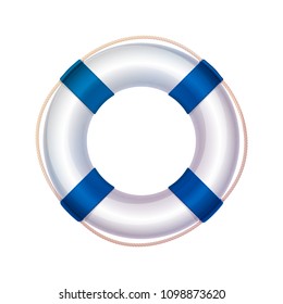 vector white blue lifebuoy, life buoy, lifeguard, lifesaver with rope. Sea, ocean safe symbol. Realistic vintage icon. Nautical, maritime, marine, naval, navy illustration isolated background