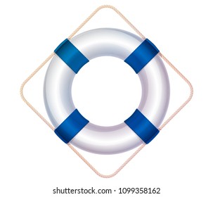vector white blue lifebuoy, life buoy, lifeguard, lifesaver with rhombus rope. Sea, ocean safe symbol. Realistic vintage icon. Nautical, maritime, marine, naval, navy illustration isolated background