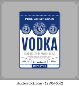 Vector White And Blue Vodka Label Isolated On A Grey Background. Distilling Business Branding And Identity Design Elements.