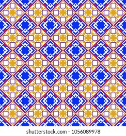Vector white, blue and yellow seamless background pattern with rhombuses.