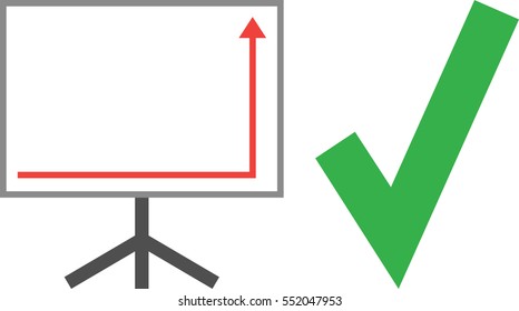Vector white board with green check mark and red arrow pointing right down and up.