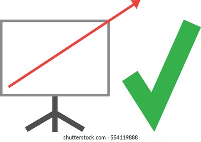 Vector white board with green check mark and red arrow pointing way up.
