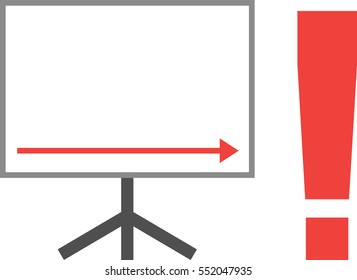 Vector white board with red arrow pointing right down with red exclamation mark.