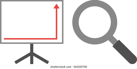 Vector white board with red arrow pointing right down and up and magnifying glass.