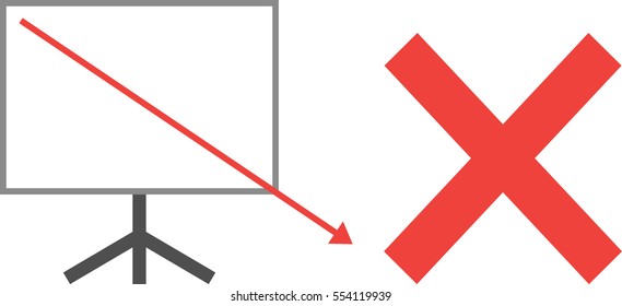 Vector white board with red x mark and red arrow pointing way down.