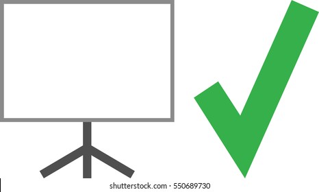 Vector white board with stand and green check mark.