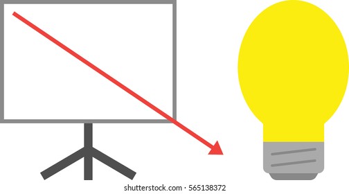 Vector white board with yellow light bulb and red arrow pointing way down.