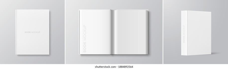 Vector white book mockup set - cover, spread, spine. Realistic blank book in hardcover in different angles. Top view. Applicable for design presentation. Eps 10.