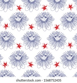 Vector white botanical illustration of wild flowers repeat pattern 02. Isolated outline drawing of tropical plant. Perfect for fabric, scrapbooking and wallpaper projects.