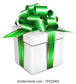 Vector. White box with green ribbon and bow.