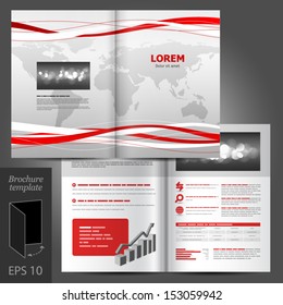 Vector white brochure template design with world map and red stripes. EPS 10