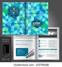 Vector white brochure template design with blue and green geometric elements. EPS 10