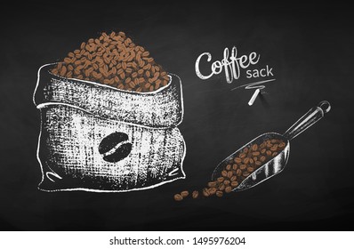 Vector white and brown chalk drawn sketch of sack with coffee beans and scoop on chalkboard background.