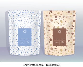 Vector White & Brown Kraft Paper Resealable Sachet or Pouch with Marble Stone Themed Design