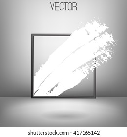Vector white brush strokes passing through the frame. Hand drawn lines with dry brush. Grey frame of Steel. Grey background. Abstract design element. Modern. Soft shadow. Three strokes. Dynamic.