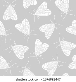 Vector White Butterflies Moths on Gray Background Seamless Repeat Pattern. Background for textiles, cards, manufacturing, wallpapers, print, gift wrap and scrapbooking.