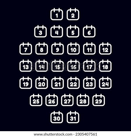 Vector white calendar icons by month dates. Day 1, 2, 3, 4, 5, 6, 7, 8, 9, 10, 11, 12, 13, 14, 15, 16, 17, 18, 19, 20, 21, 22, 23, 24, 25, 26, 27, 28, 29, 30, 31. Numbers of the month from 1 to 31.