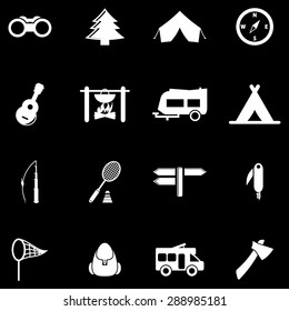 Vector white camping icons set on black background
