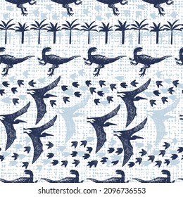 Vector white canvas dinosaur sketch repeat pattern with flying dinos, foot prints and trees. Perfect for textile, giftwrap and wallpaper.