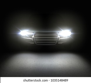 Vector white car headlights. Headlamp glowing effect with reflects on asphalt. Isolated on black background