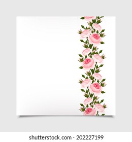 Vector white card with pink roses. Eps-10.