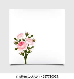 Vector white card with pink roses. 