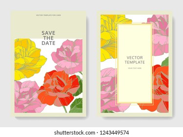 Vector White card rose flower. Wedding background card floral decorative border engraved ink art. Thank you, rsvp, invitation elegant card illustration graphic set banner. 