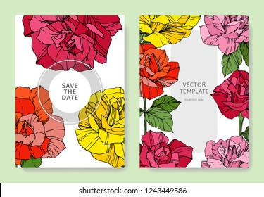 Vector White card rose flower. Wedding background card floral decorative border engraved ink art. Thank you, rsvp, invitation elegant card illustration graphic set banner. 