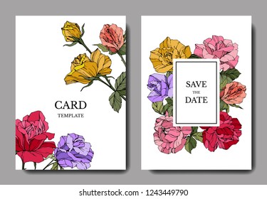 Vector White card rose flower. Wedding background card floral decorative border engraved ink art. Thank you, rsvp, invitation elegant card illustration graphic set banner. 