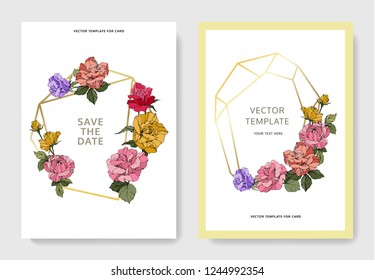 Vector White card rose flower. Wedding background card floral decorative border engraved ink art. Thank you, rsvp, invitation elegant card illustration graphic set banner. 