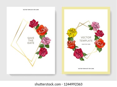 Vector White card rose flower. Wedding background card floral decorative border engraved ink art. Thank you, rsvp, invitation elegant card illustration graphic set banner. 