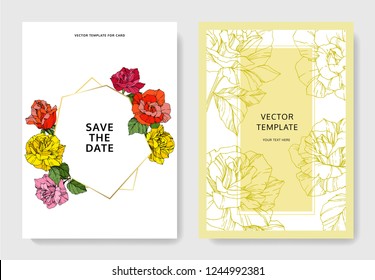 Vector White card rose flower. Wedding background card floral decorative border engraved ink art. Thank you, rsvp, invitation elegant card illustration graphic set banner. 