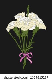 Un ramo vectorial de carnación blanca con cinta morada sobre fondo negro. Tema oscuro. Composición floral vibrante aislada. Ideal para tarjetas de felicitación, invitación, banner, gráficos de medios sociales