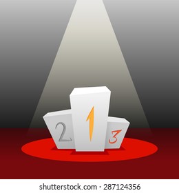 Vector white cartoon empty podium for the winners on a red carpet and dark background in the ray of light