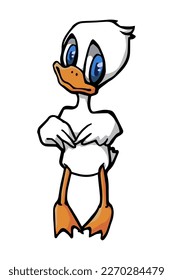 Vector white cartoon shy duck with blue eyes on white background