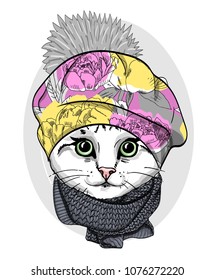 Vector white cat with beret and knitted scarf. Hand drawn illustration of dressed cat