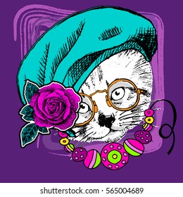 Vector white cat with beret and necklace. Hand drawn illustration of dressed cat.