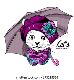 Vector white cat with beret and umbrella. Hand drawn illustration of kitten.