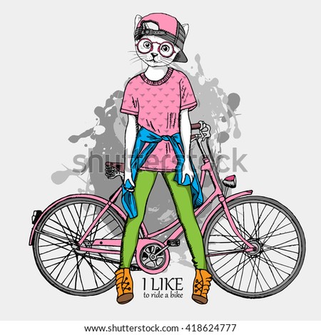 Vector white cat with bike. Kitten in a pink cap. Cat-girl.