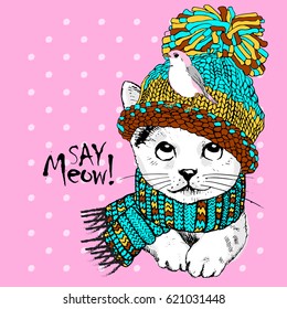 Vector white cat with bird, knitted scarf and hat. Hand drawn illustration of white kitten.