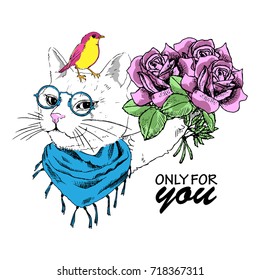 Vector white cat with bird, scarf, glasses and bouquet. Hand drawn illustration of dressed cat with pink roses.