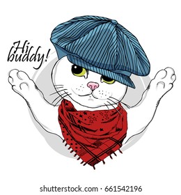 Vector white cat with a blue cap and scarf. Hand drawn illustration of dressed cat 