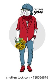 Vector white cat with blue cap, scarf, glasses and bouquet. Hand drawn illustration of dressed cat with yellow roses.