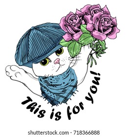 Vector white cat with blue cap, scarf and bouquet. Hand drawn illustration of dressed cat with pink roses.