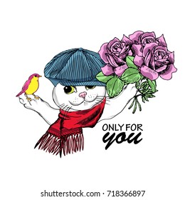 Vector white cat with blue cap, scarf, bird and bouquet. Hand drawn illustration of dressed cat with pink roses.