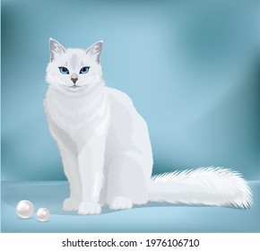 Vector white cat with blue eyes and fluffy tail. Cat sitting and looking in camera. Front view illustration