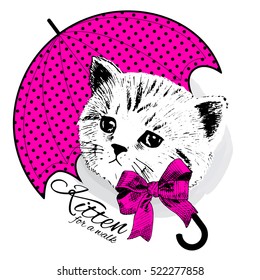 Vector white cat with bow and pink umbrella. Hand drawn illustration of dressed cat.