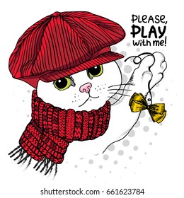 Vector white cat with bow, red cap and scarf. Hand drawn illustration of dressed cat 